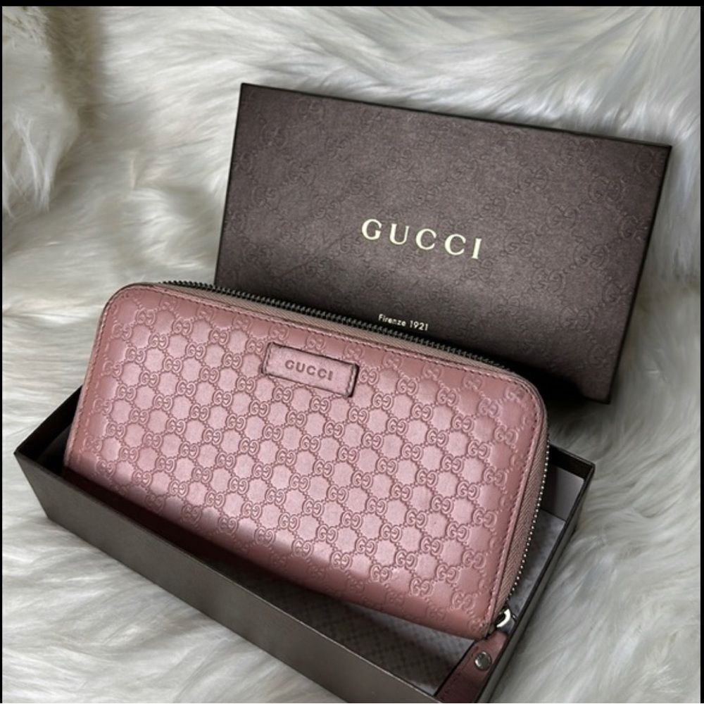 Gucci Guccissima Pink Leather Zip Around Long Wallet